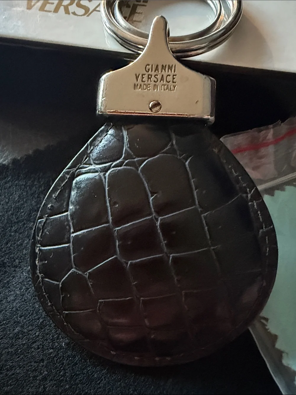 Versace Black Croc-Texture Leather Keyring with silver-Tone Medusa Detail